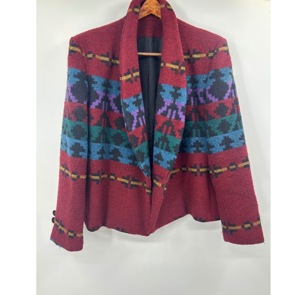 Vintage Southwestern Wool Blend Shawl Collar Blazer Red Geometric Pattern 14